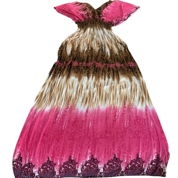 ROMANTIC SINI PINK/CREAM BROWN PATTERN V FRONT & BACK MAXI DRESS SIZE MEDIUM-EUC - Picture 4 of 4